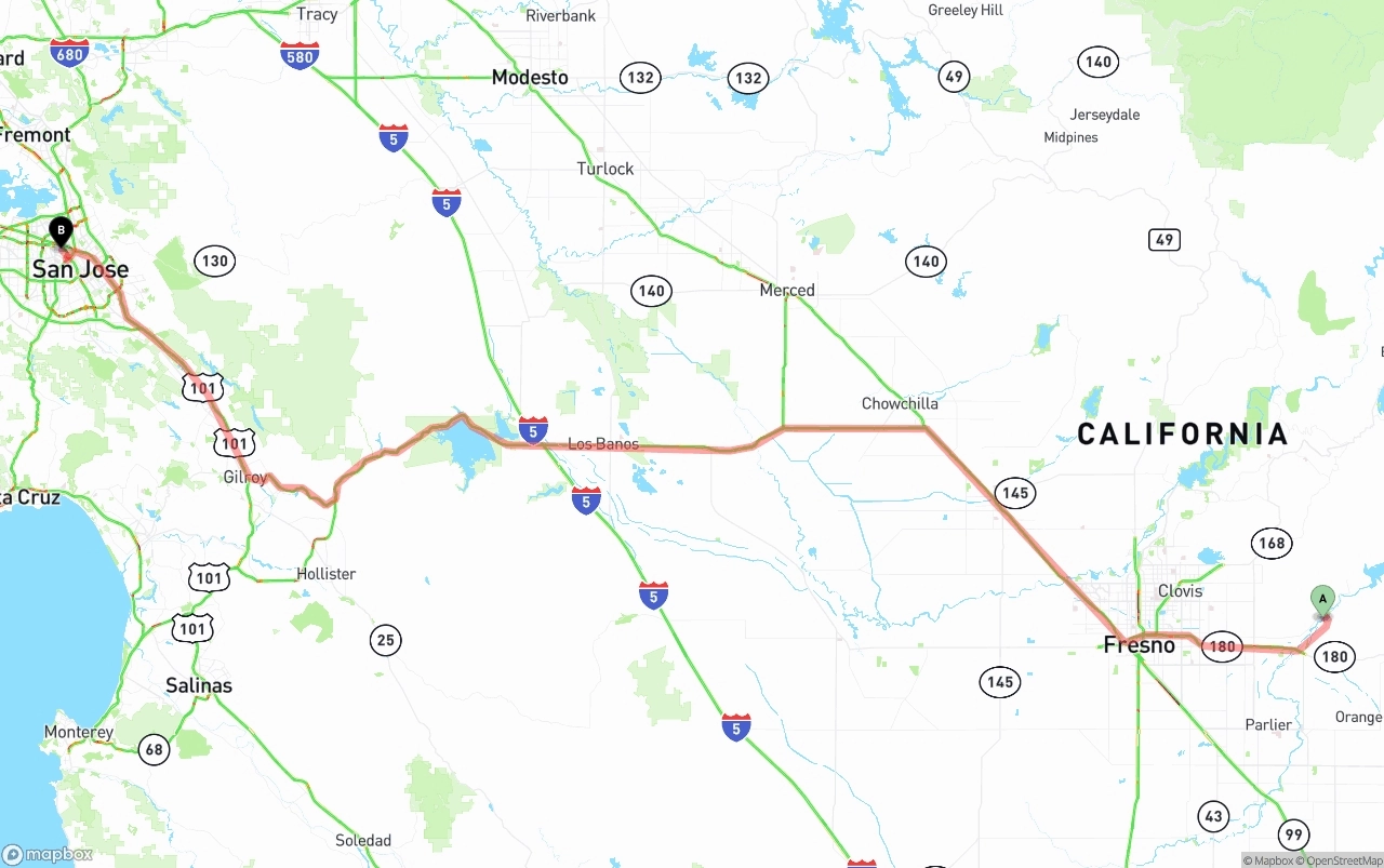 Shipping route from California to Norman Y. Mineta San Jose International Airport