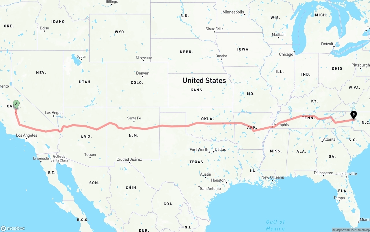 Shipping route from California to North Carolina