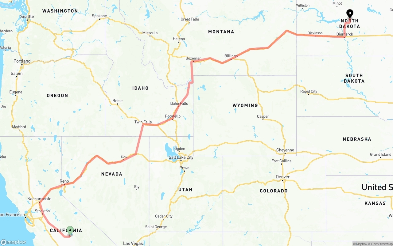 Shipping route from California to North Dakota
