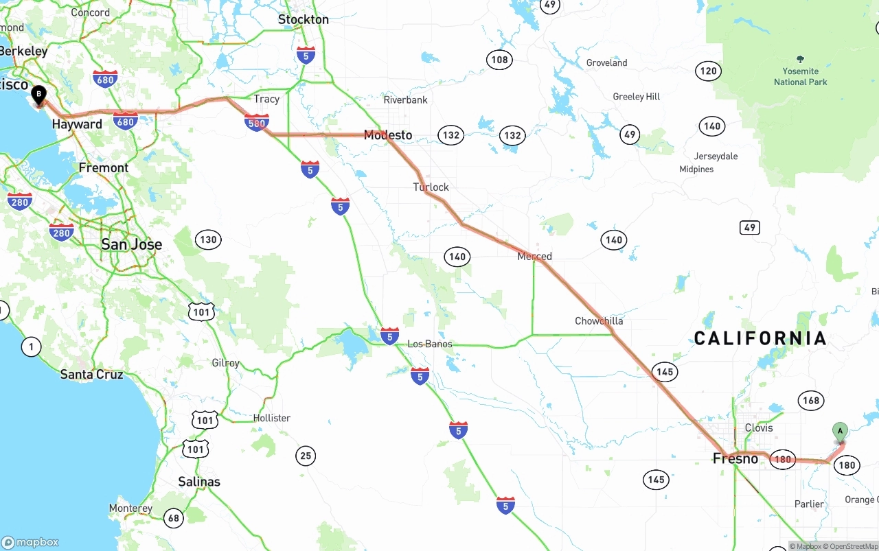 Shipping route from California to Oakland International Airport