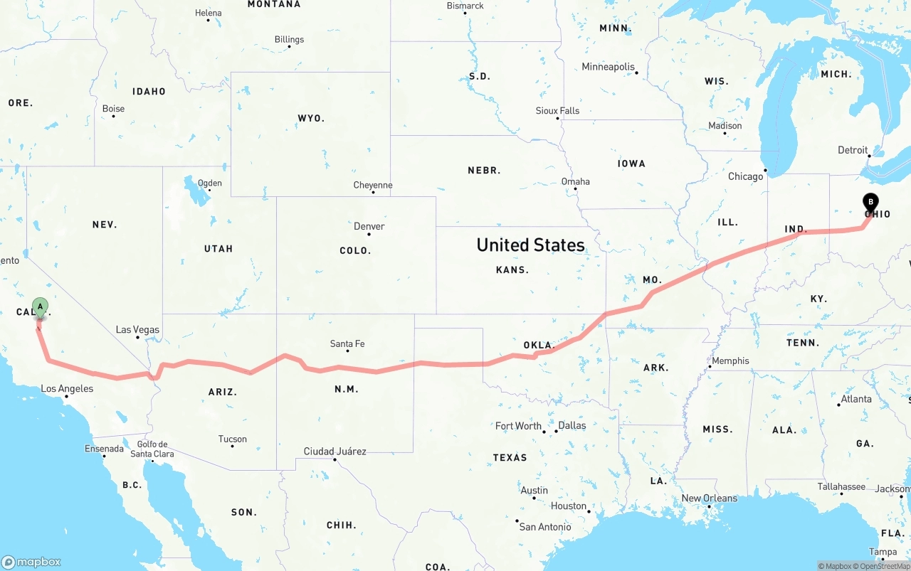 Shipping route from California to Ohio