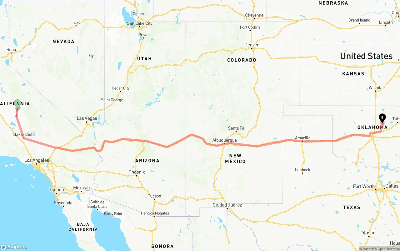 Shipping route from California to Oklahoma