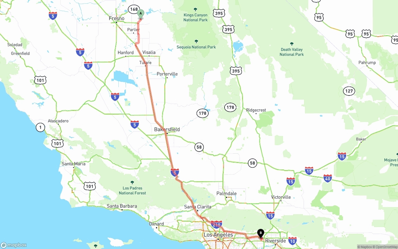 Shipping route from California to Ontario International Airport