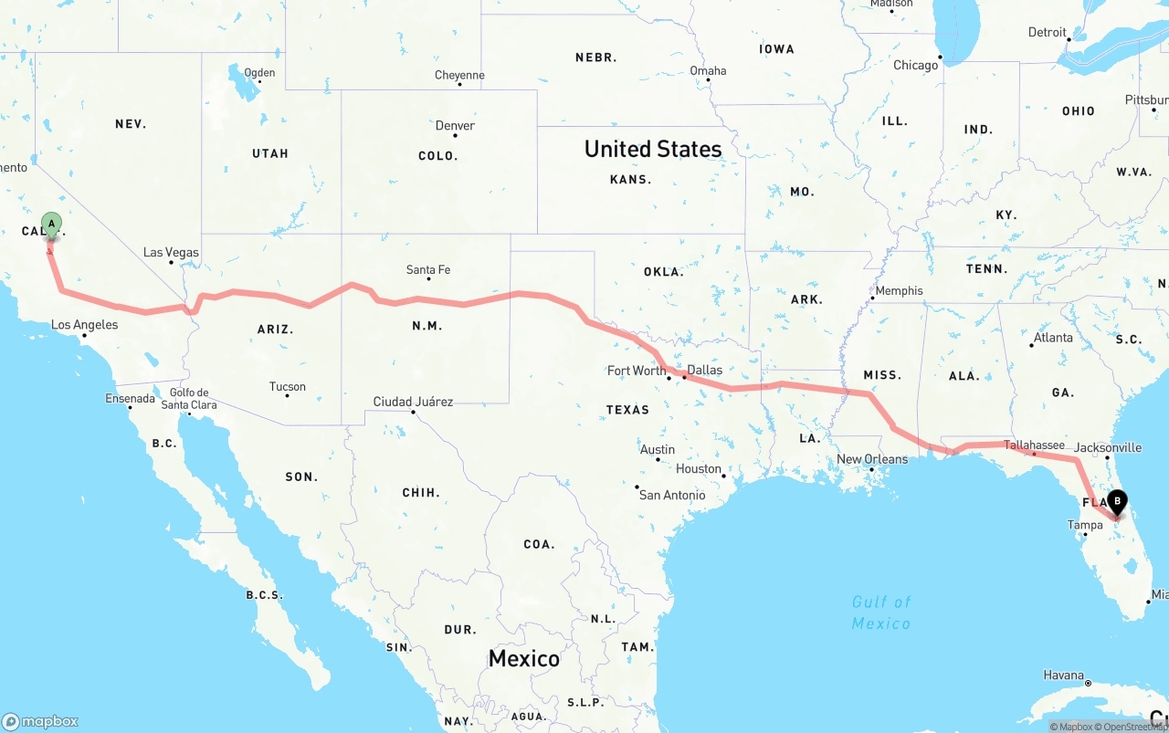 Shipping route from California to Orlando International Airport