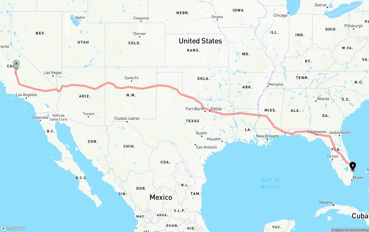 Shipping route from California to Palm Beach International Airport