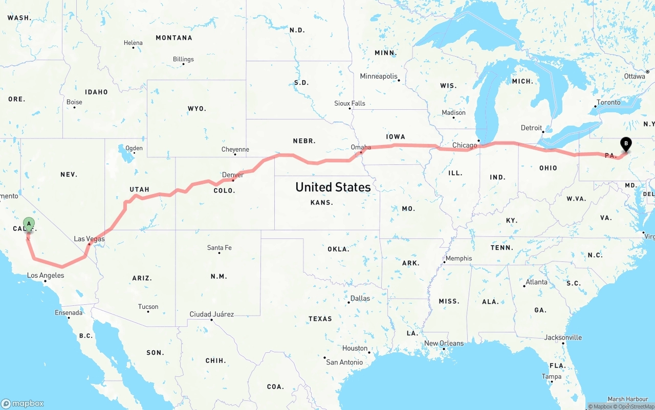Shipping route from California to Pennsylvania