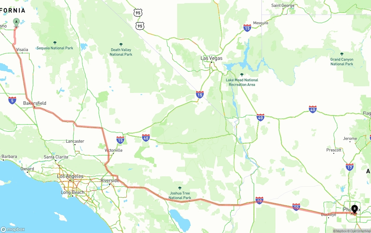 Shipping route from California to Phoenix Sky Harbor International Airport