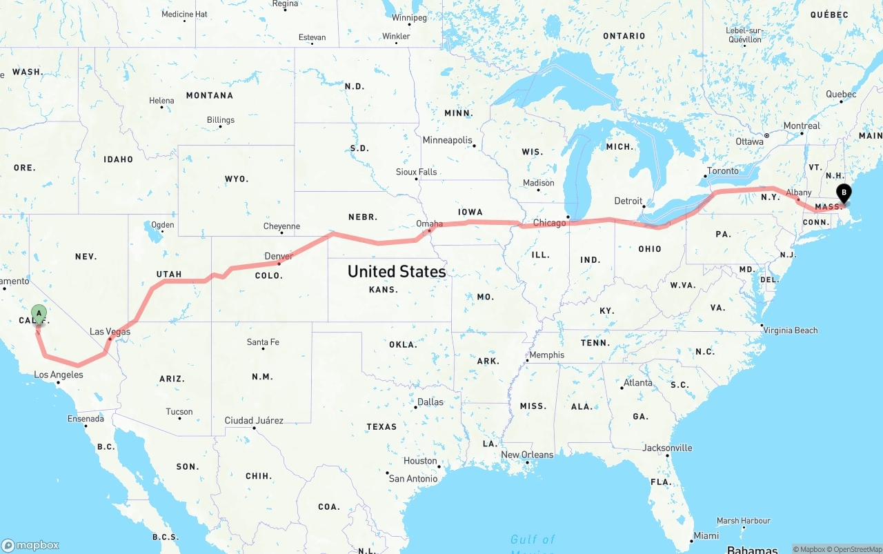 Shipping route from California to Port of Boston