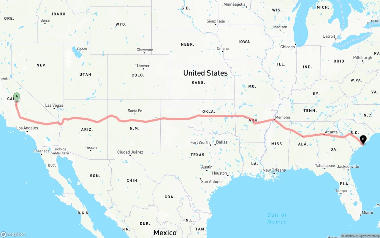 Shipping route from California to Port of Charleston