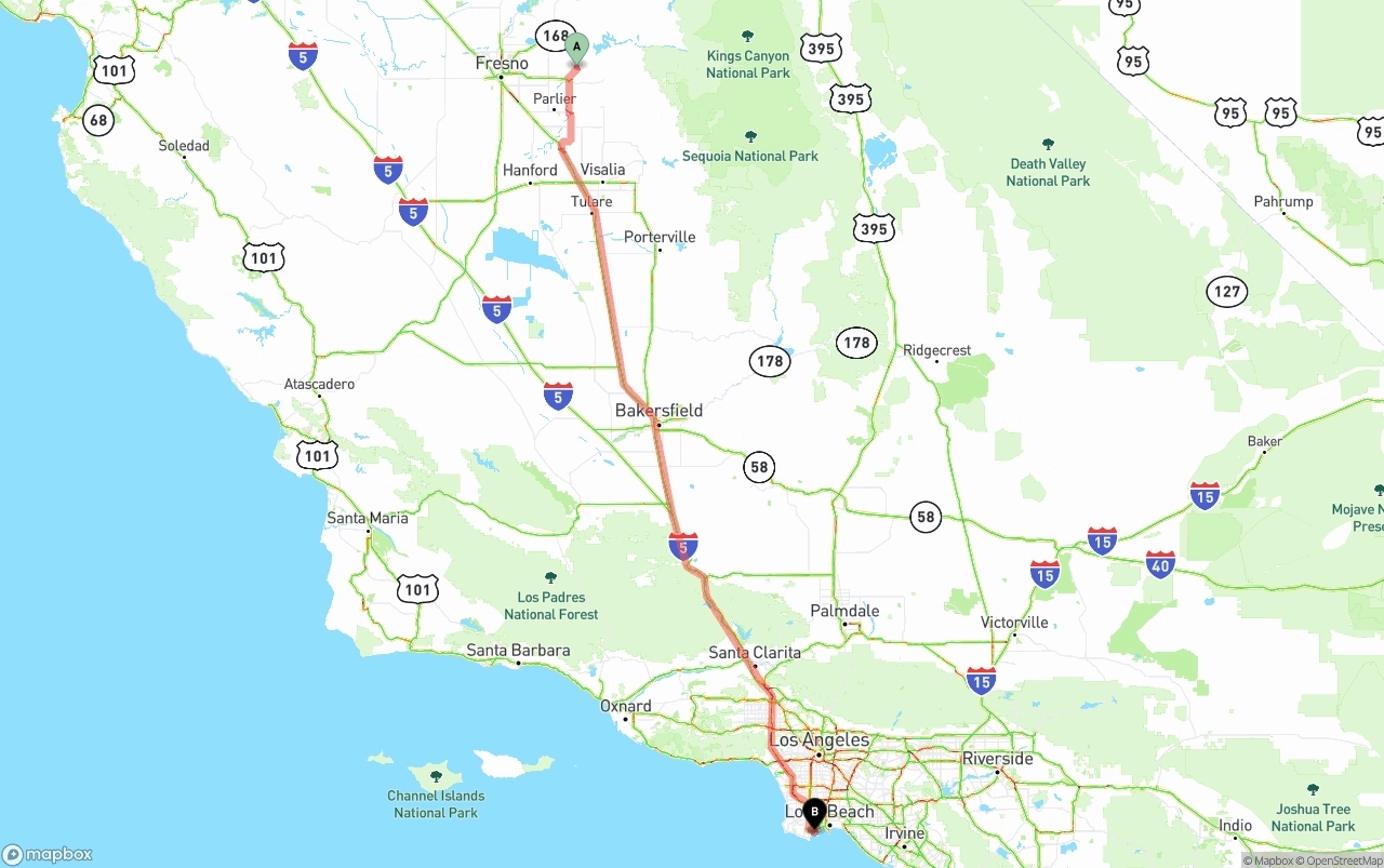 Shipping route from California to Port of Los Angeles