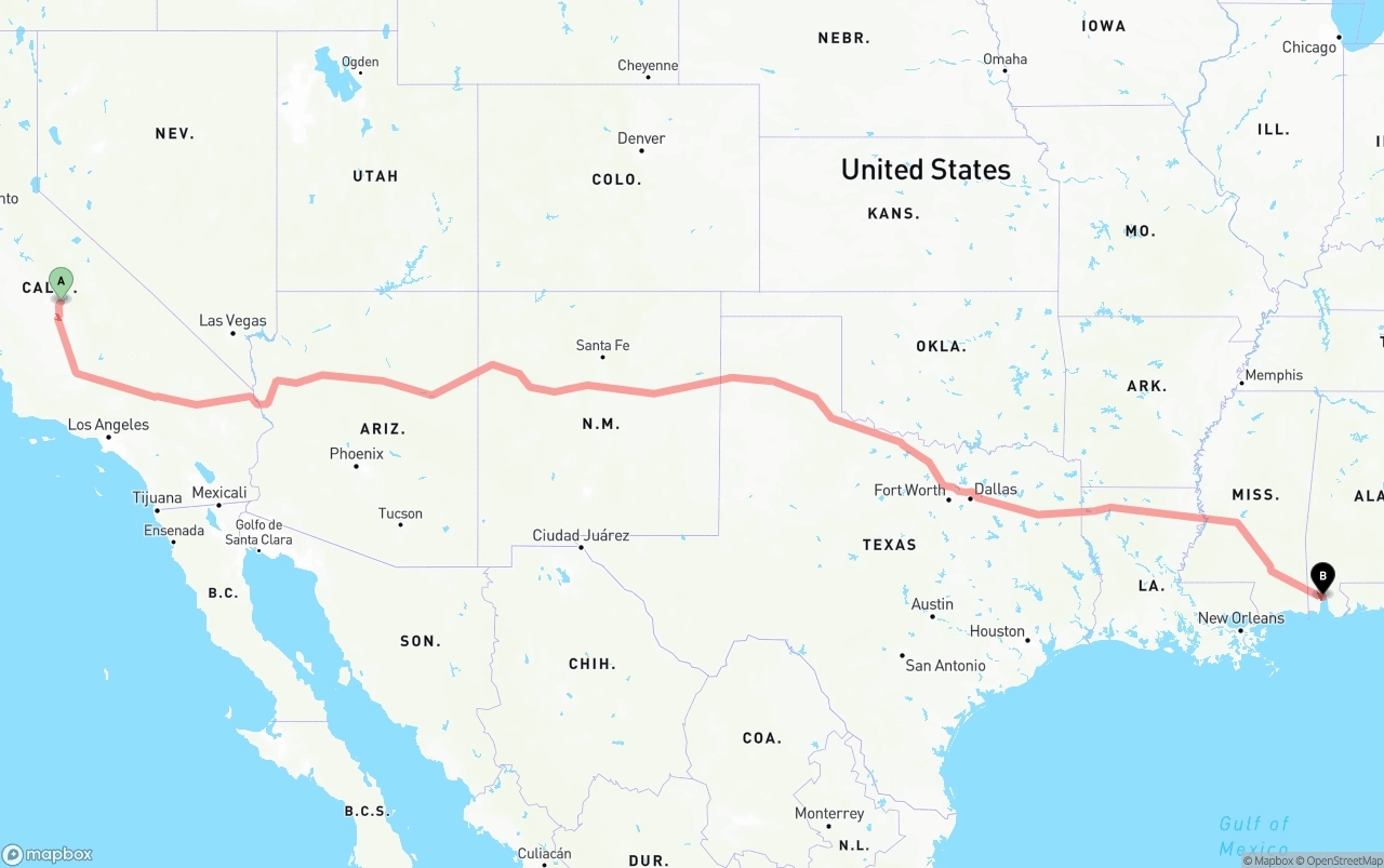 Shipping route from California to Port of Mobile