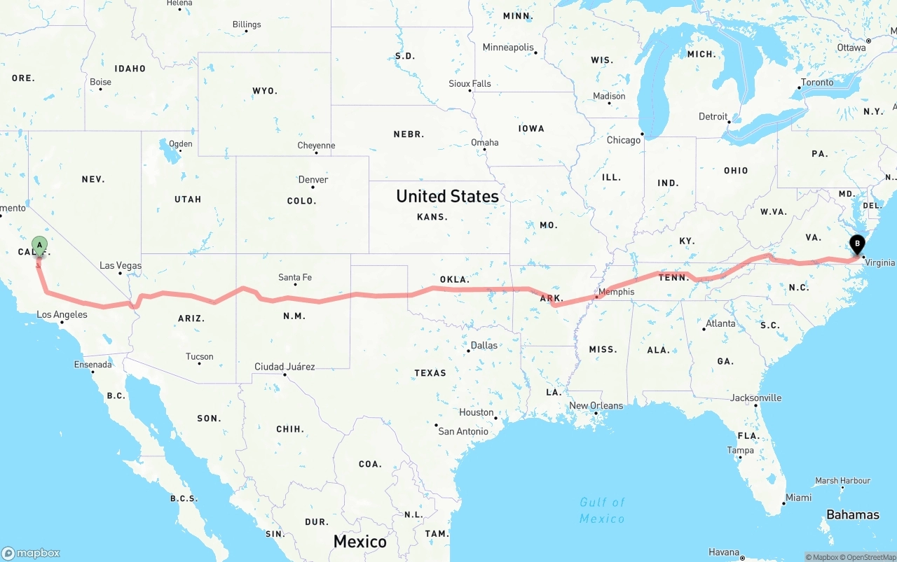 Shipping route from California to Port of Norfolk