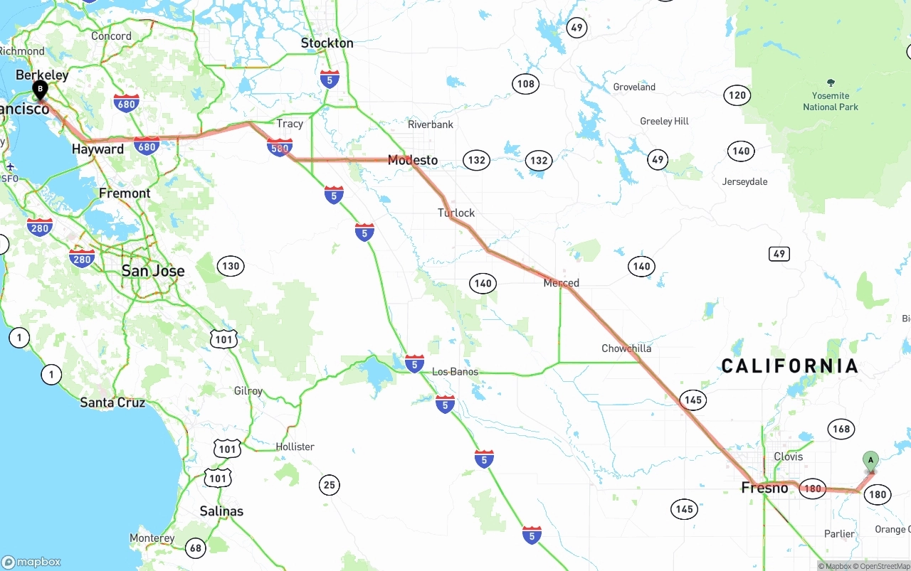 Shipping route from California to Port of Oakland