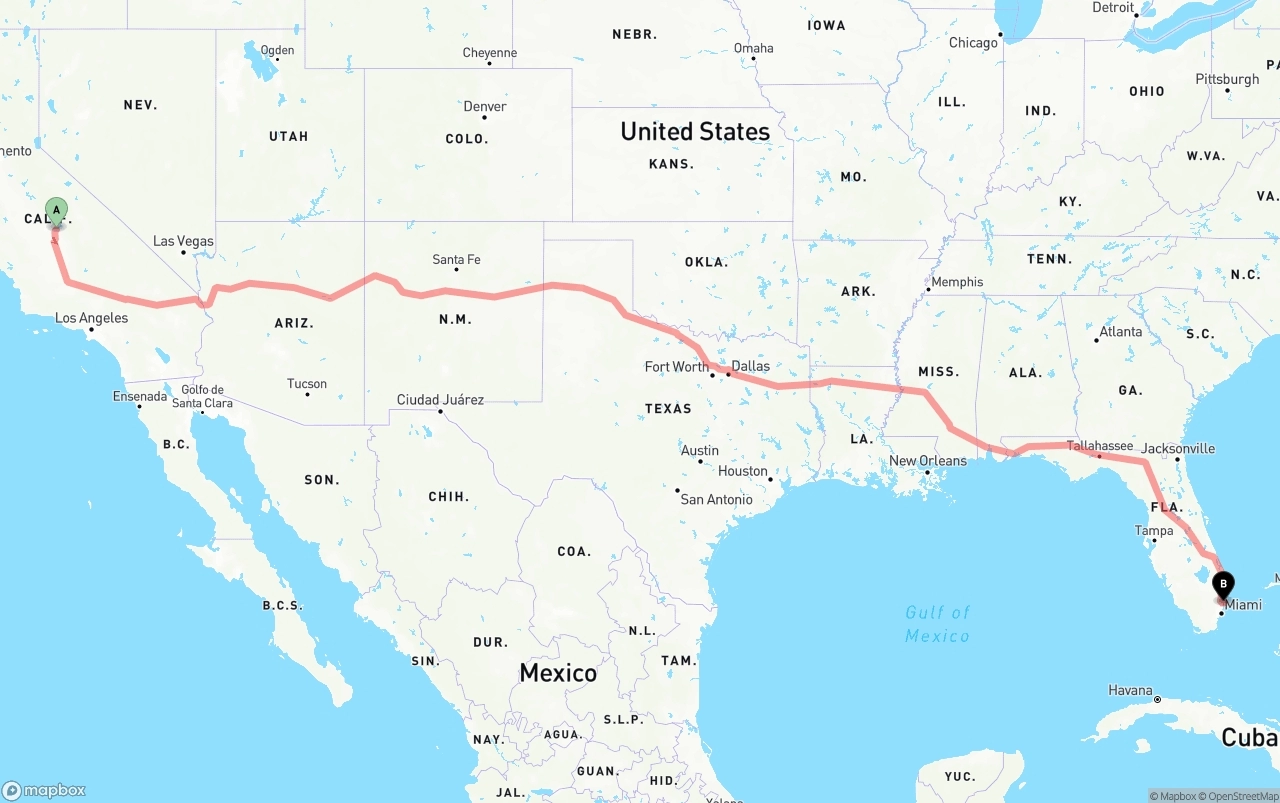 Shipping route from California to Port of Port Everglades