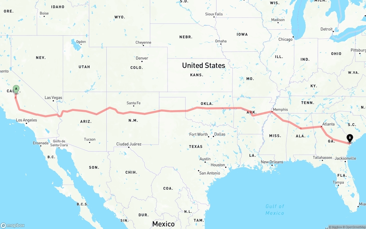 Shipping route from California to Port of Savannah