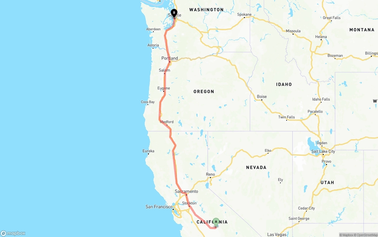 Shipping route from California to Port of Seattle