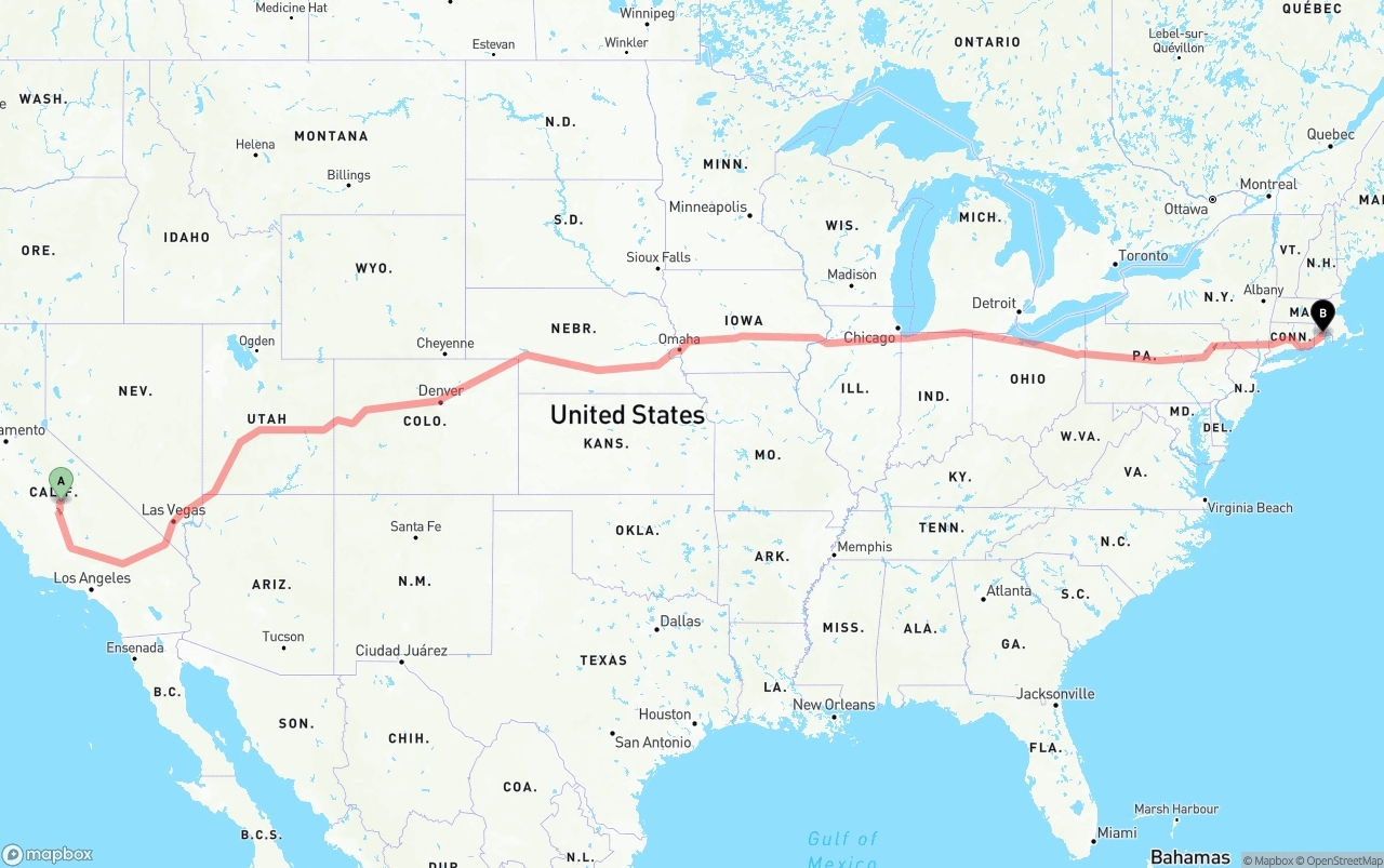 Shipping route from California to Rhode Island