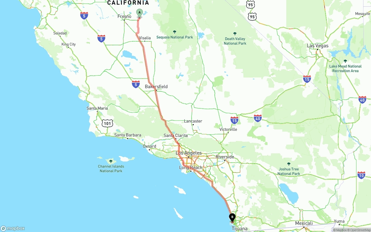 Shipping route from California to San Diego International Airport