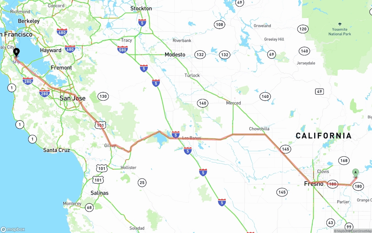 Shipping route from California to San Francisco International Airport