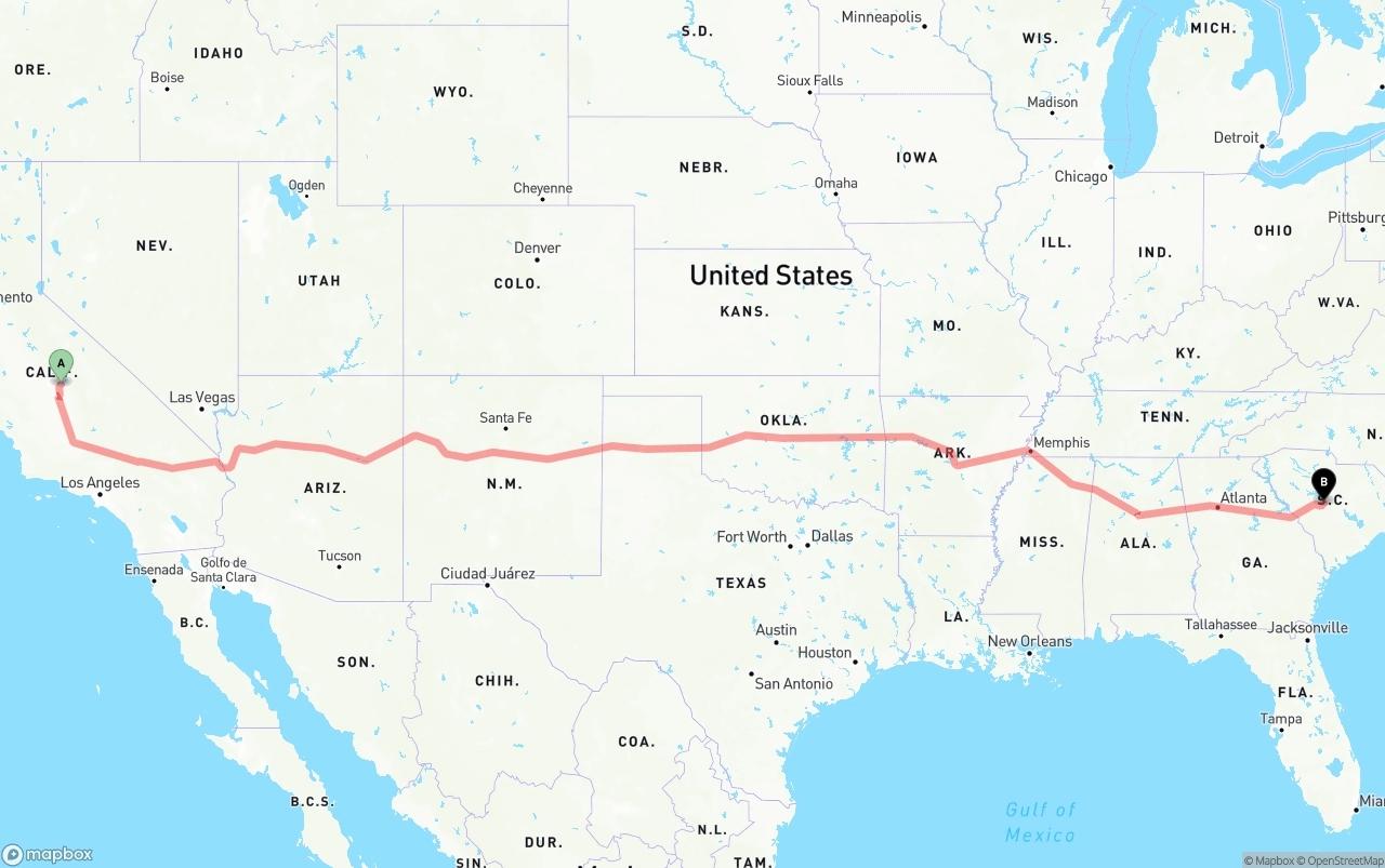 Shipping route from California to South Carolina