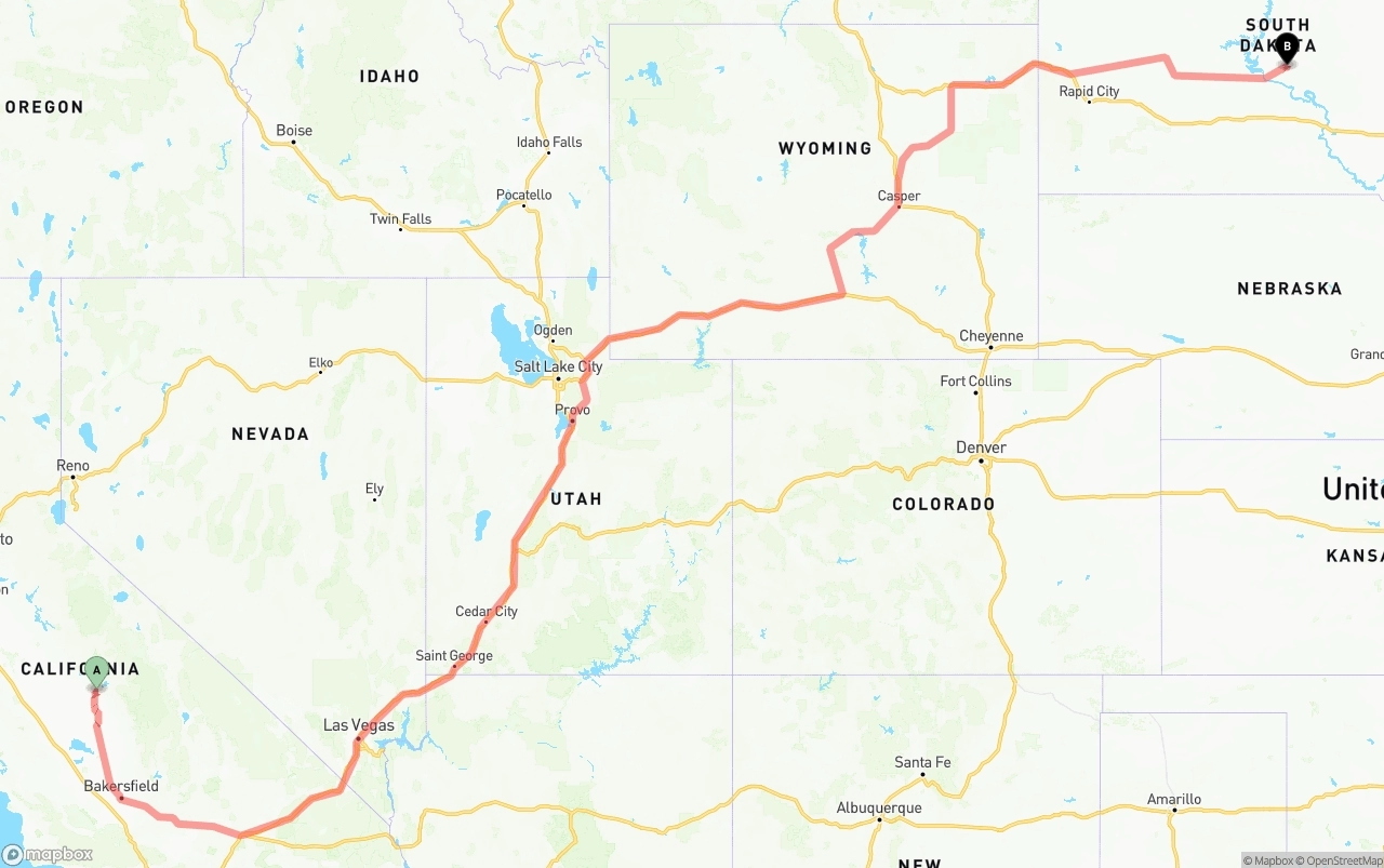 Shipping route from California to South Dakota
