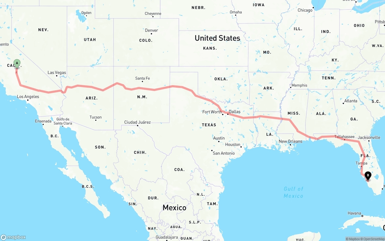 Shipping route from California to Southwest Florida International Airport