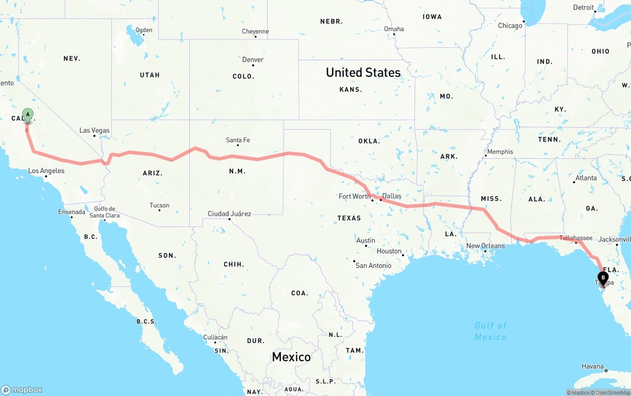 Shipping route from California to Tampa International Airport
