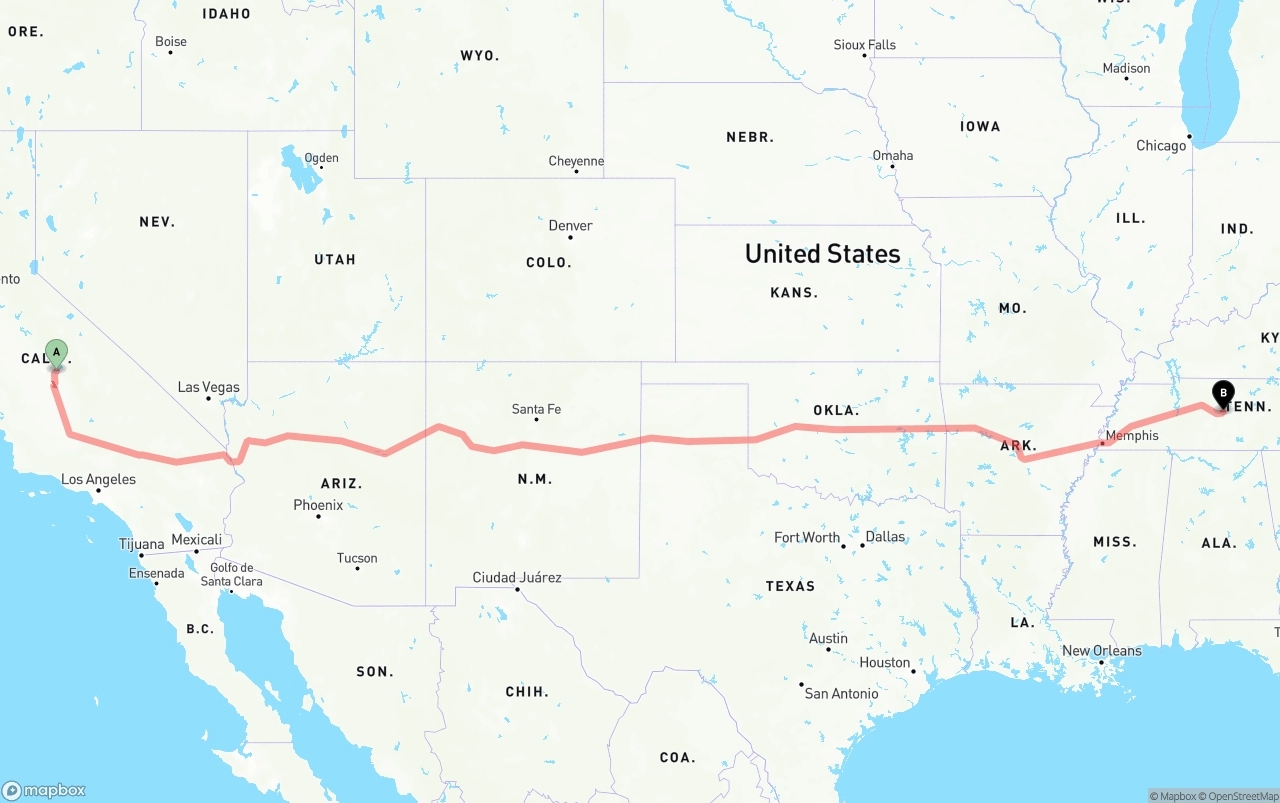 Shipping route from California to Tennessee
