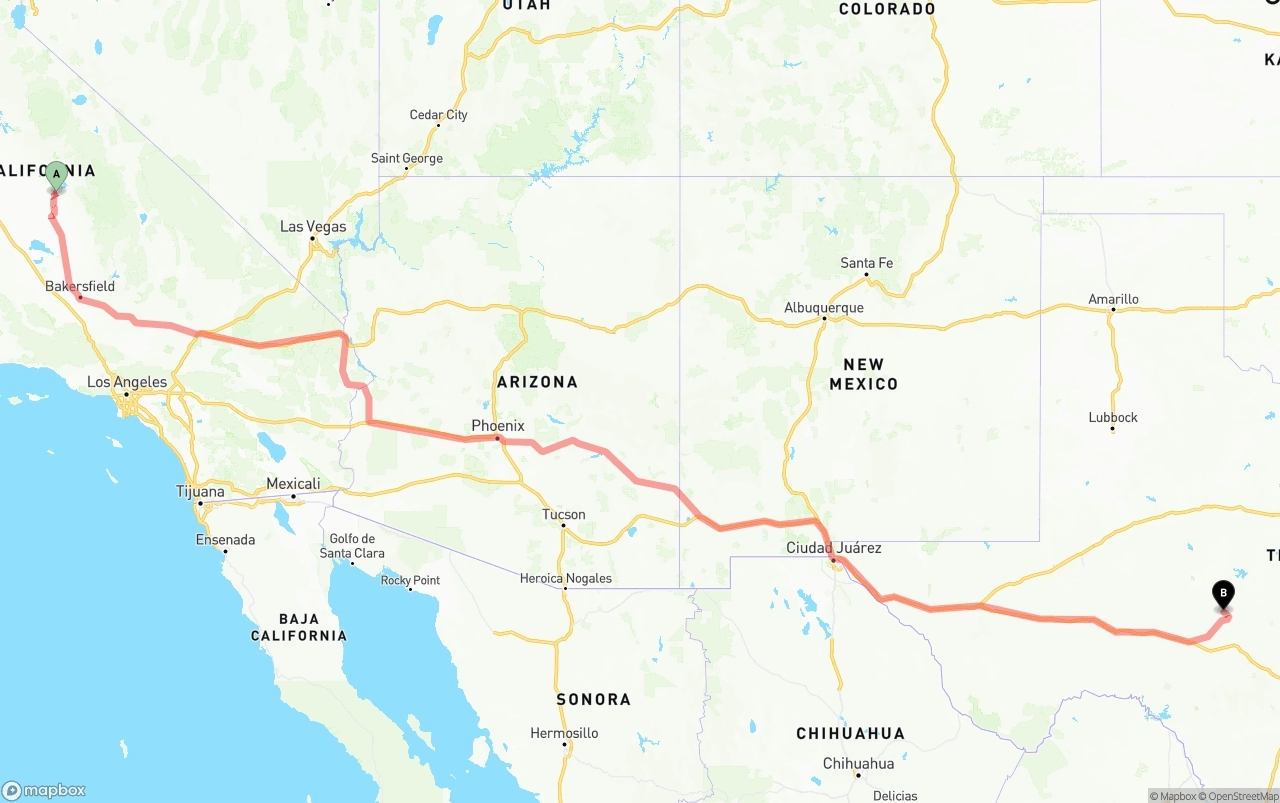 Shipping route from California to Texas