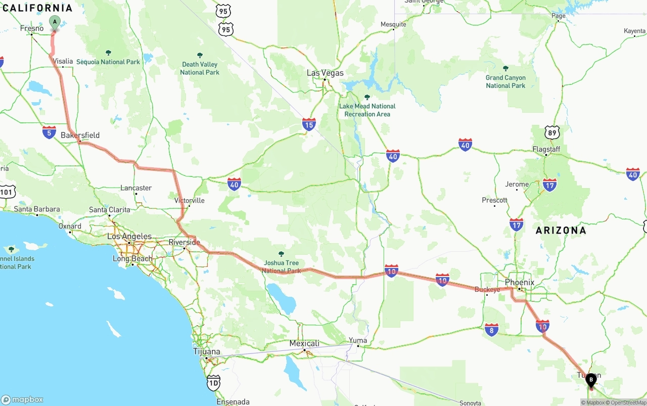 Shipping route from California to Tucson International Airport