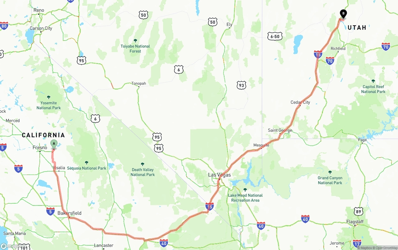 Shipping route from California to Utah