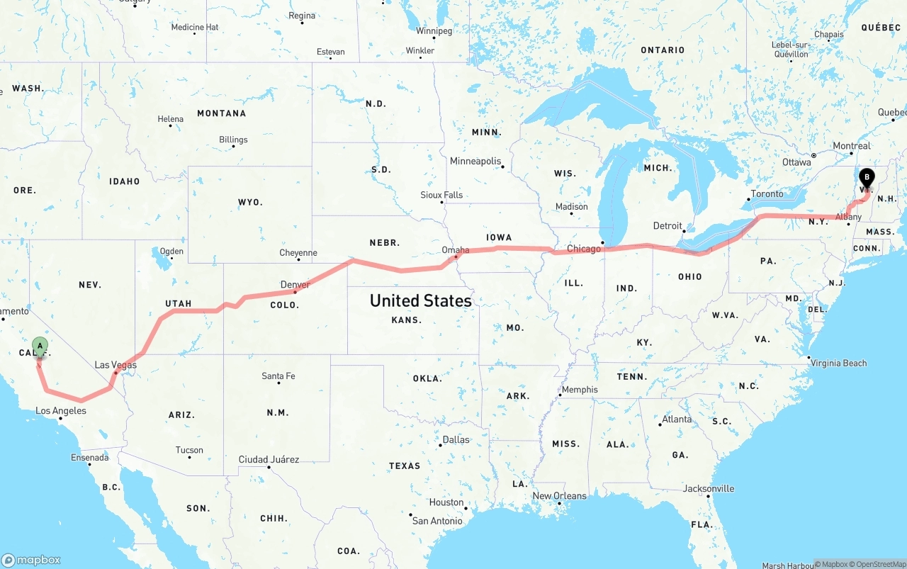 Shipping route from California to Vermont