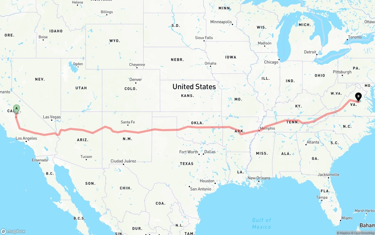 Shipping route from California to Virginia