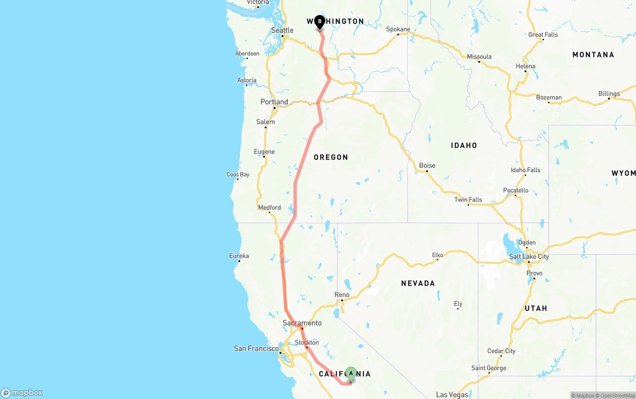 Shipping route from California to Washington