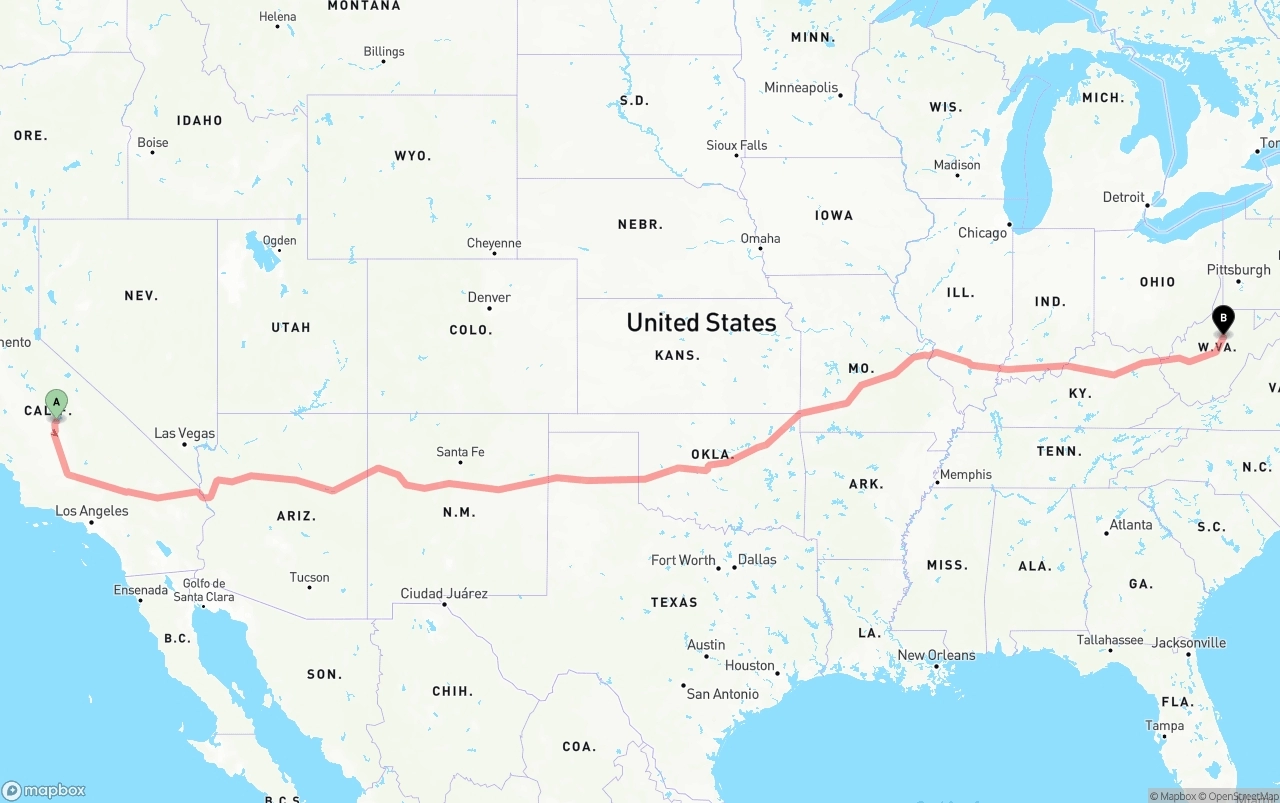 Shipping route from California to West Virginia
