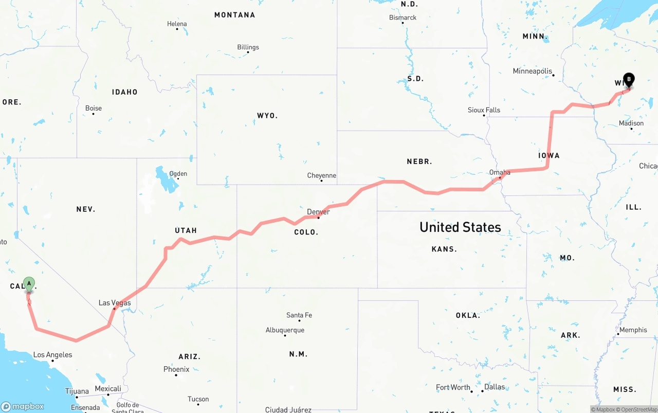 Shipping route from California to Wisconsin