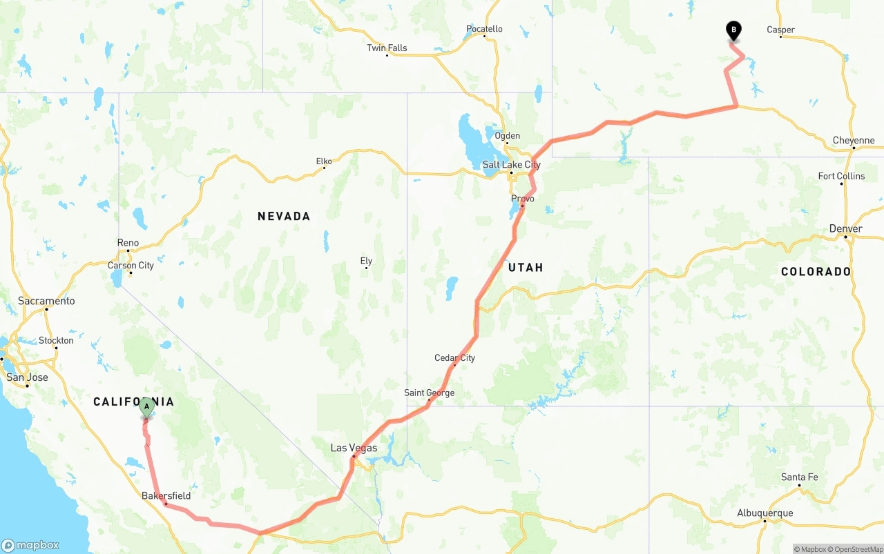 Shipping route from California to Wyoming