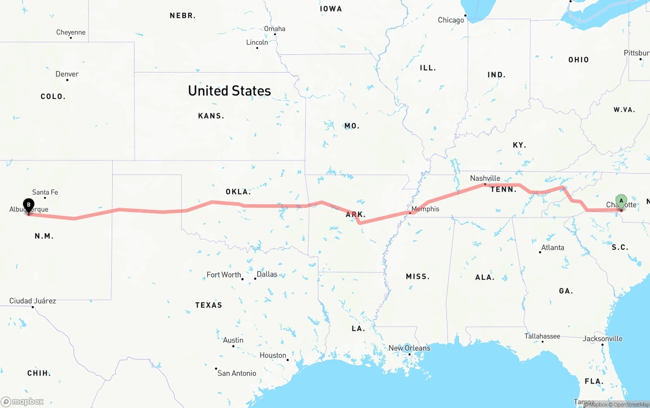 Shipping route from Charlotte to Albuquerque
