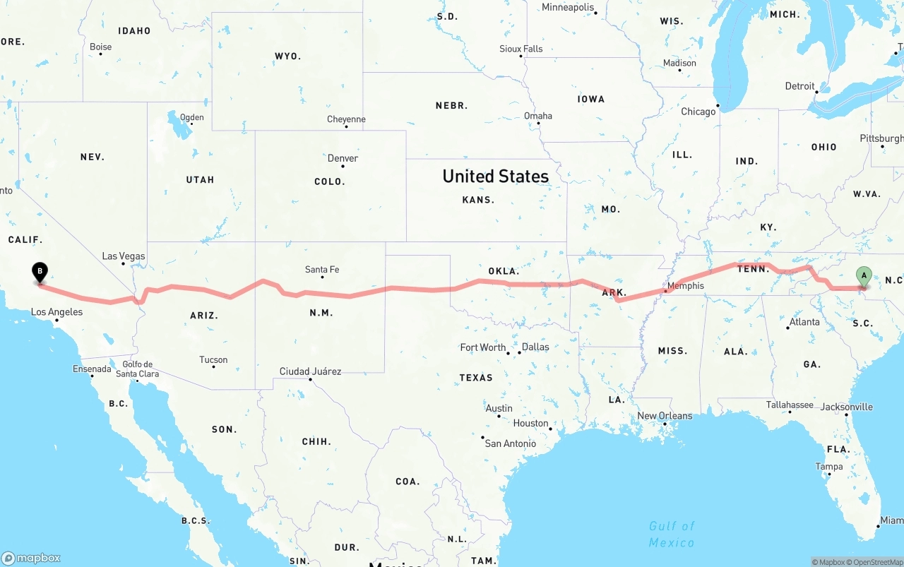 Shipping route from Charlotte to Bakersfield