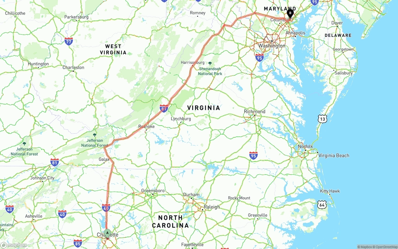 Shipping route from Charlotte to Baltimore