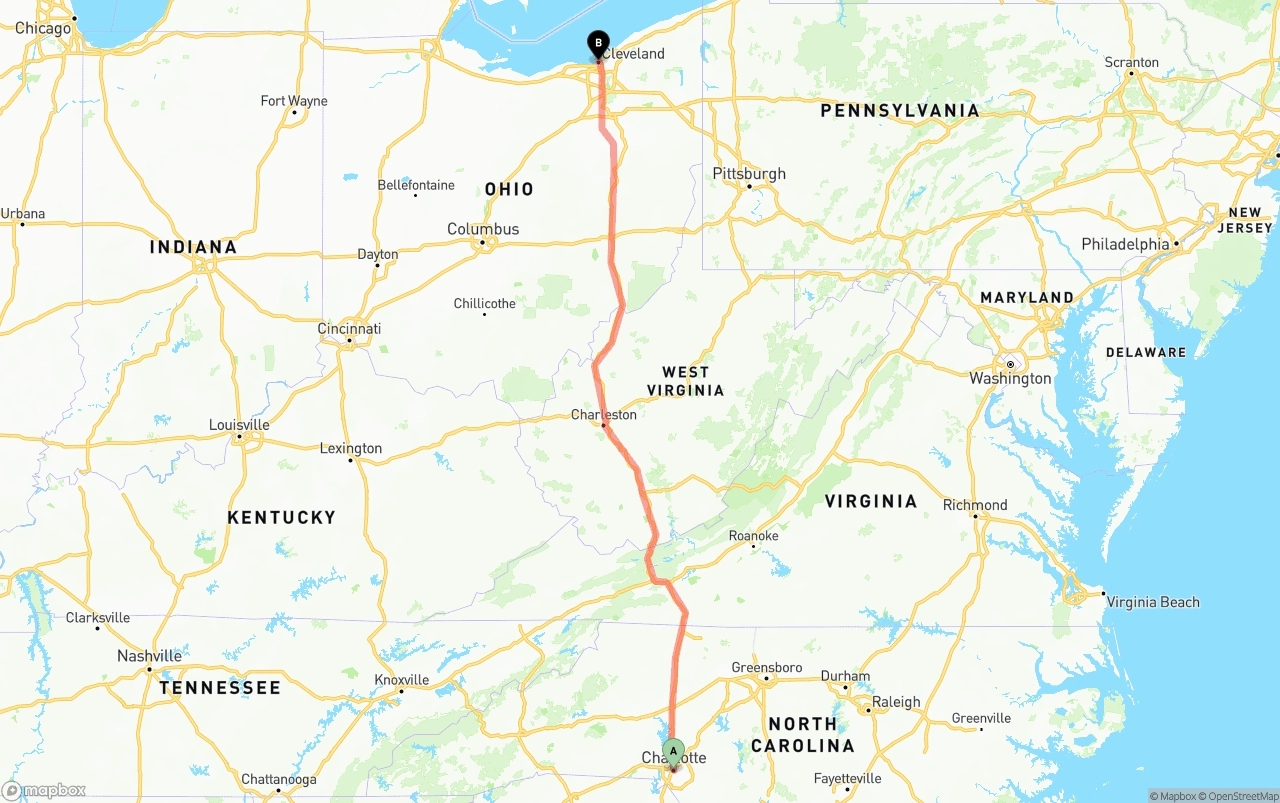 Shipping route from Charlotte to Cleveland