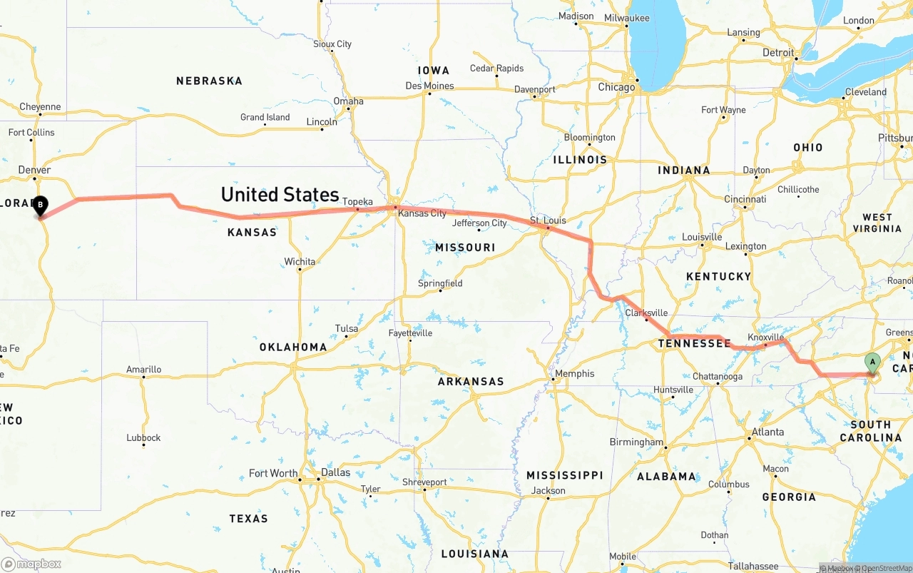 Shipping route from Charlotte to Colorado Springs