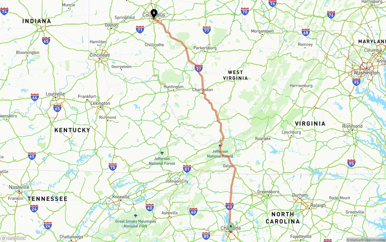 Shipping route from Charlotte to Columbus