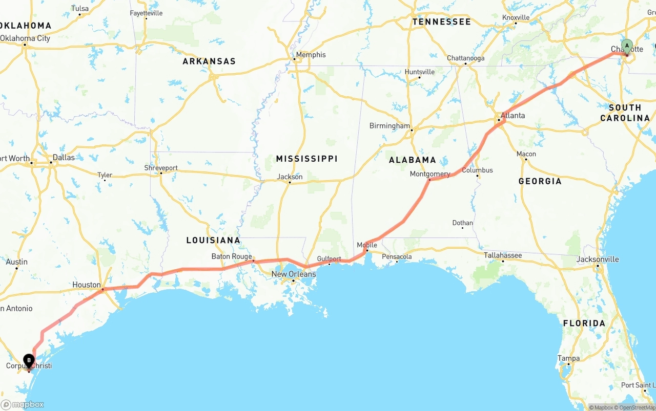 Shipping route from Charlotte to Corpus Christi