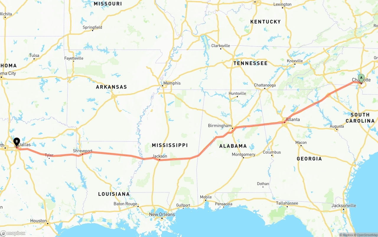 Shipping route from Charlotte to Dallas
