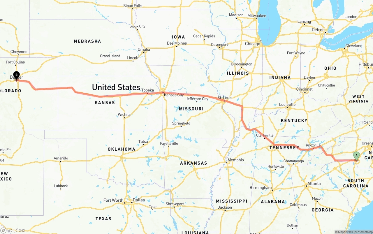Shipping route from Charlotte to Denver