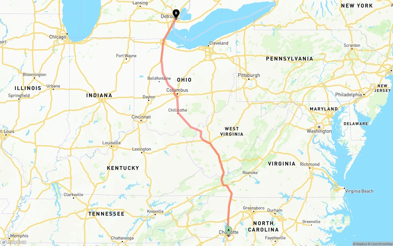 Shipping route from Charlotte to Detroit