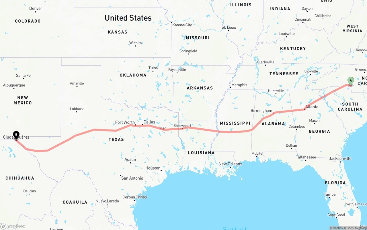 Shipping route from Charlotte to El Paso