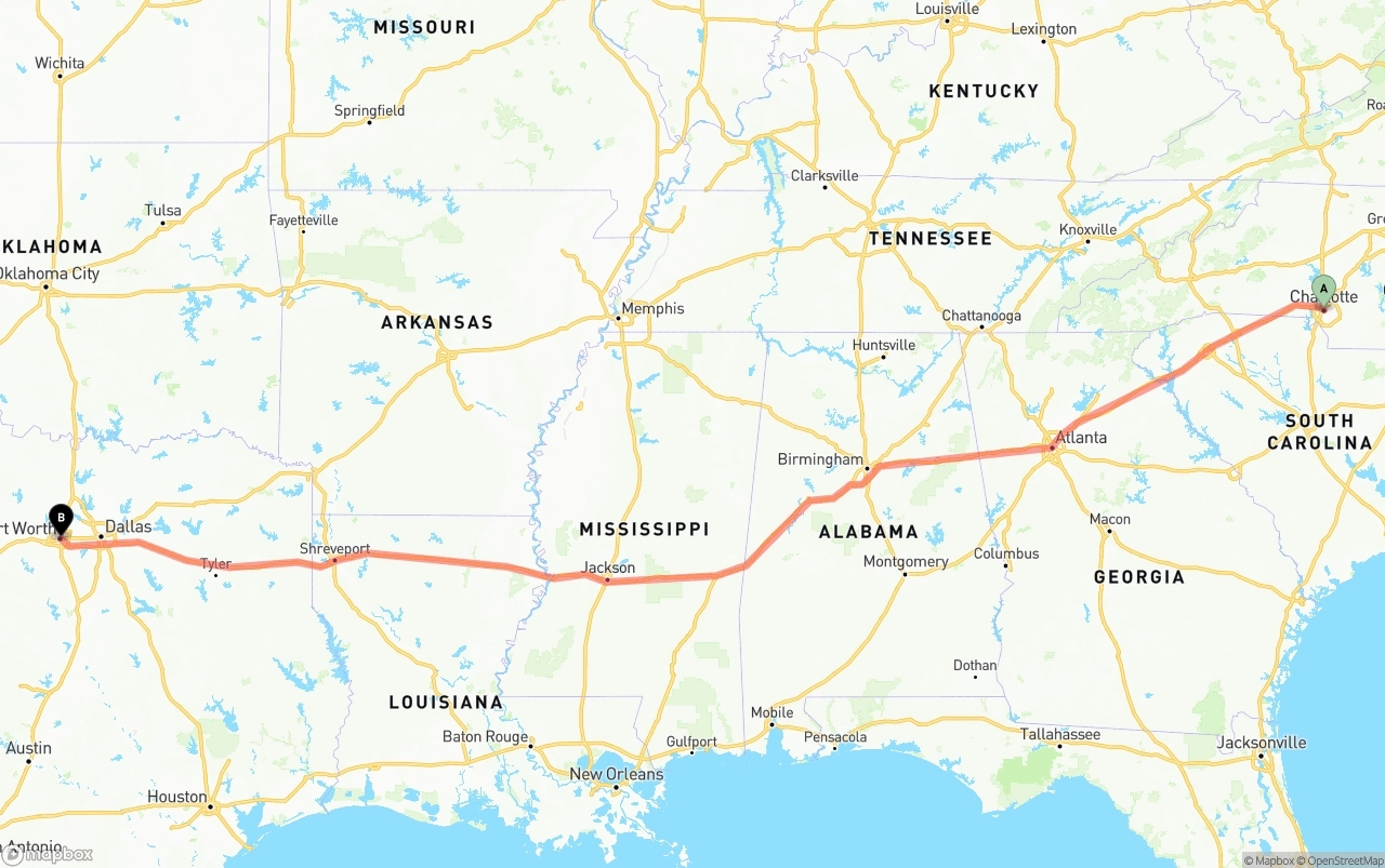 Shipping route from Charlotte to Fort Worth