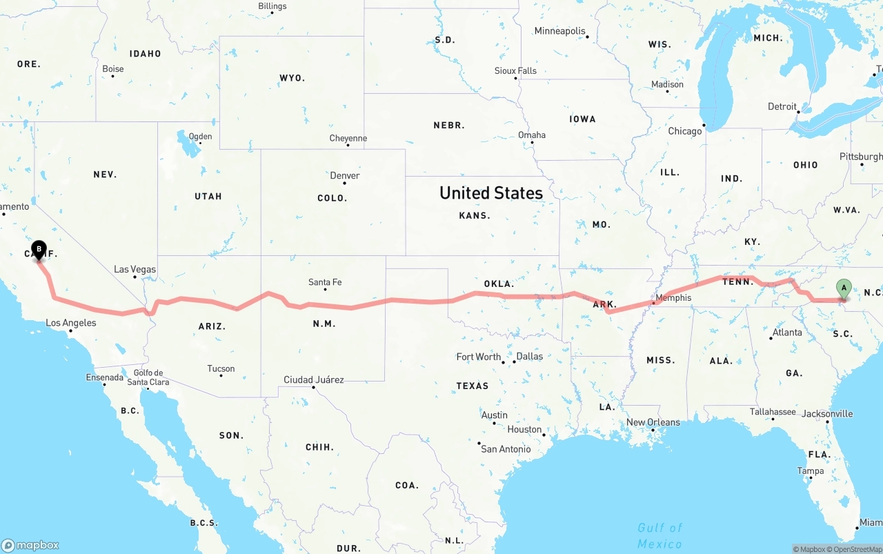 Shipping route from Charlotte to Fresno